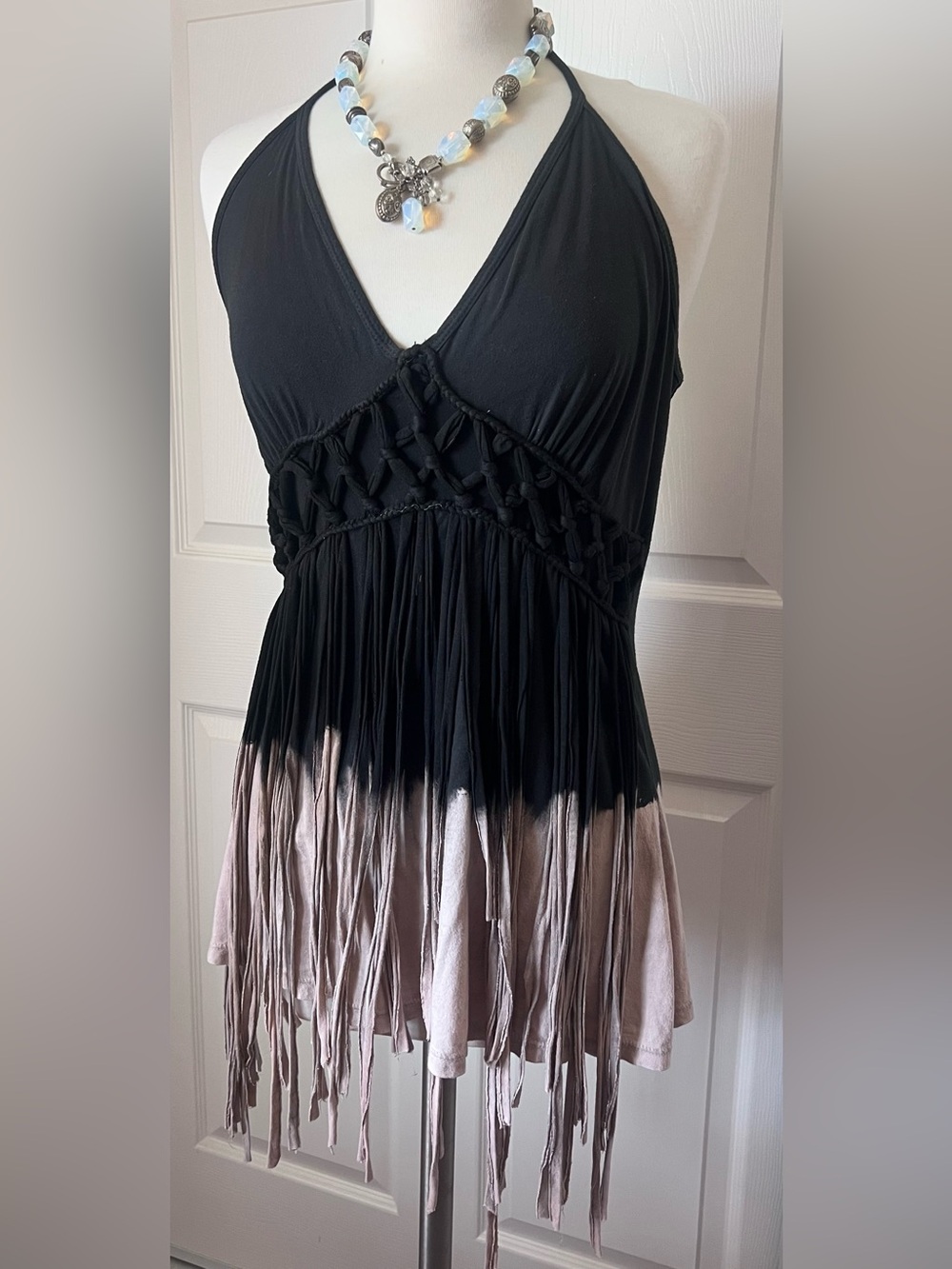 Boho Black and Taupe Dip-Dye Fringe Halter Top